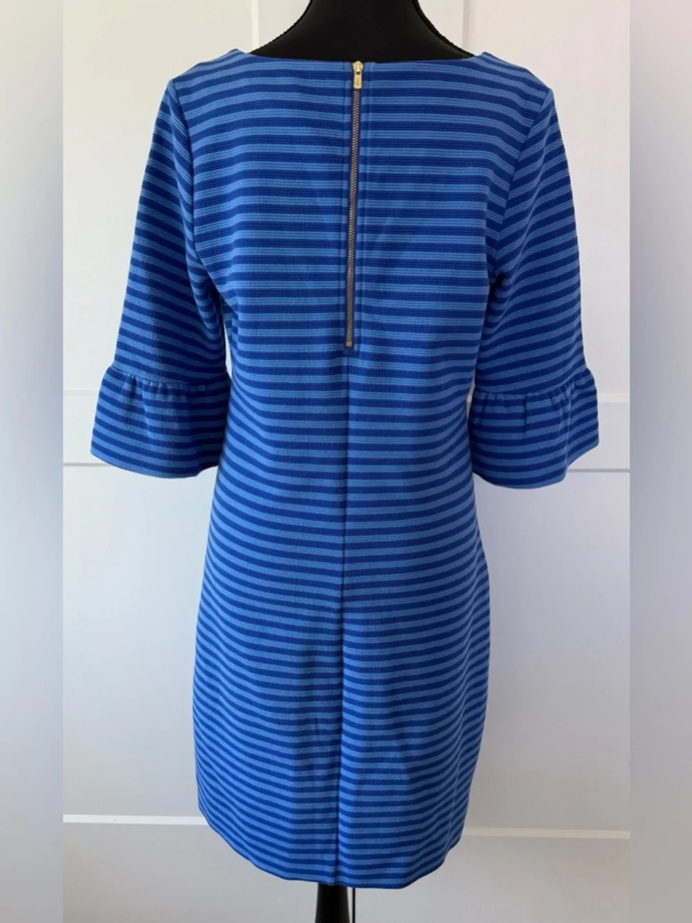 Lilly Pulitzer Alden Blue Grotto Ottoman Striped Bell Sleeve Shift Dress, Medium